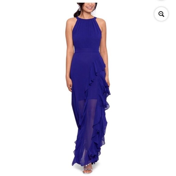 New Betsy Adam Womens Size 14 Blue Halter-Neck Ruffled Gown Maxi Cocktail Dress - Picture 1 of 12
